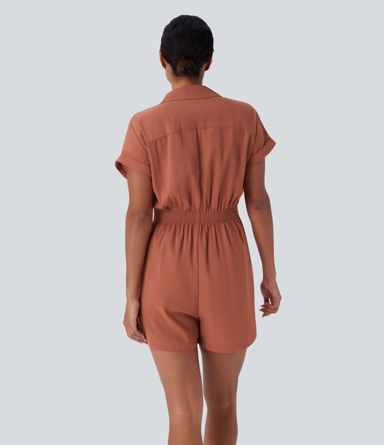 Combishort décontracté col chemise avec encolure en V, manches courtes, boutons invisibles et poches latérales