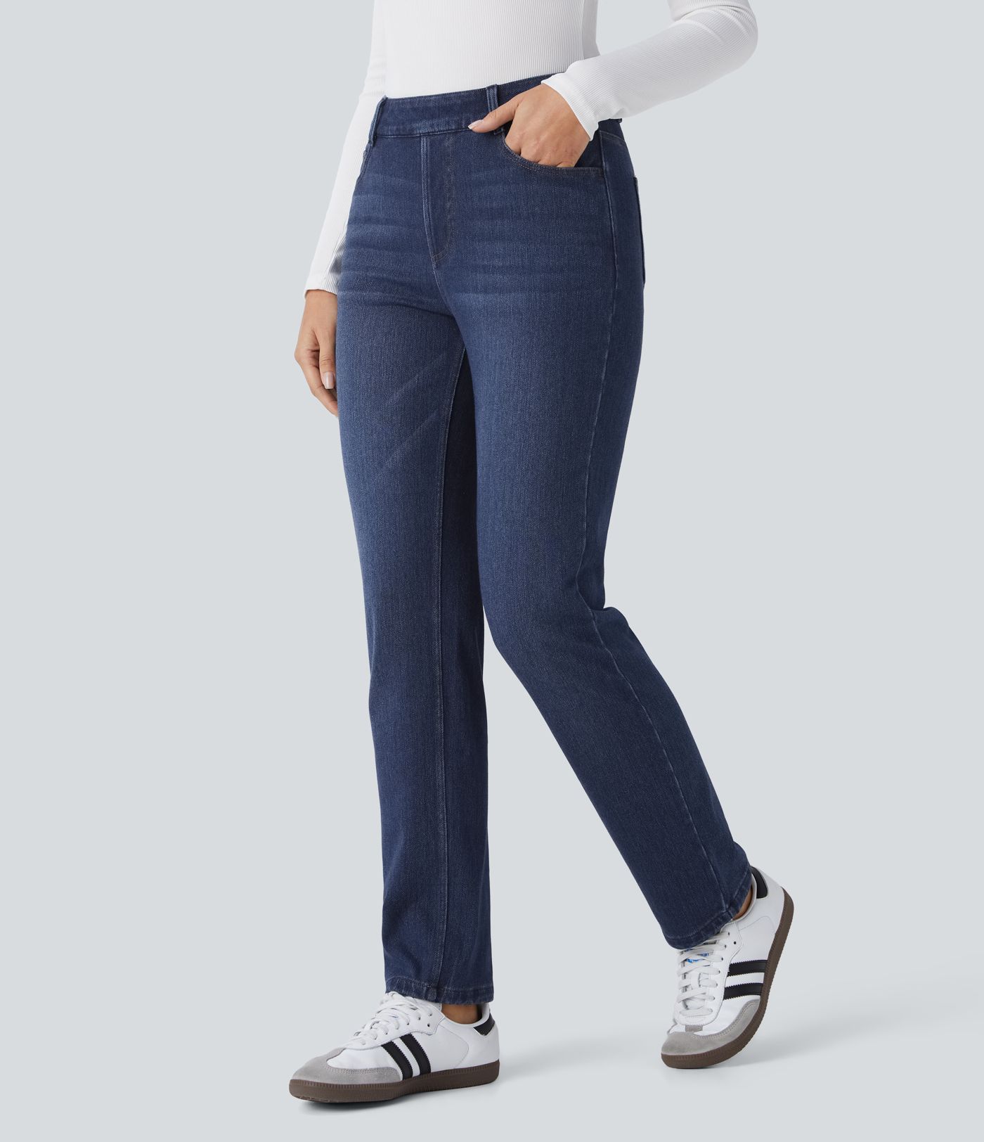 Jean délavé coupe droite taille haute Halara Flex™ Denim Heat avec poches