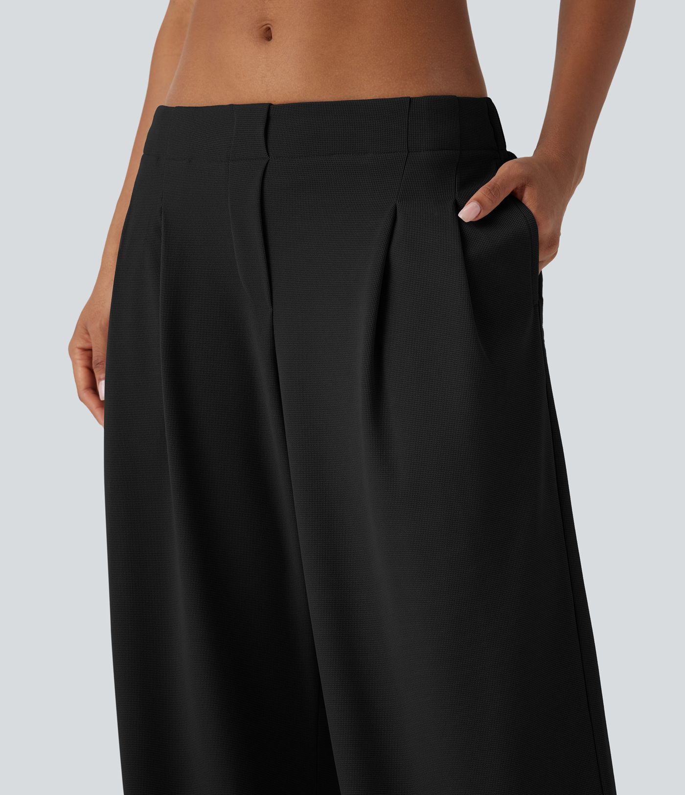 Low Rise Pocket Wide Leg Waffle Casual Pants