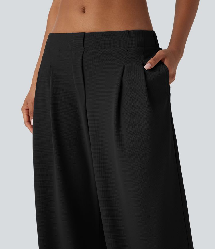 Low Rise Pocket Wide Leg Waffle Casual Pants