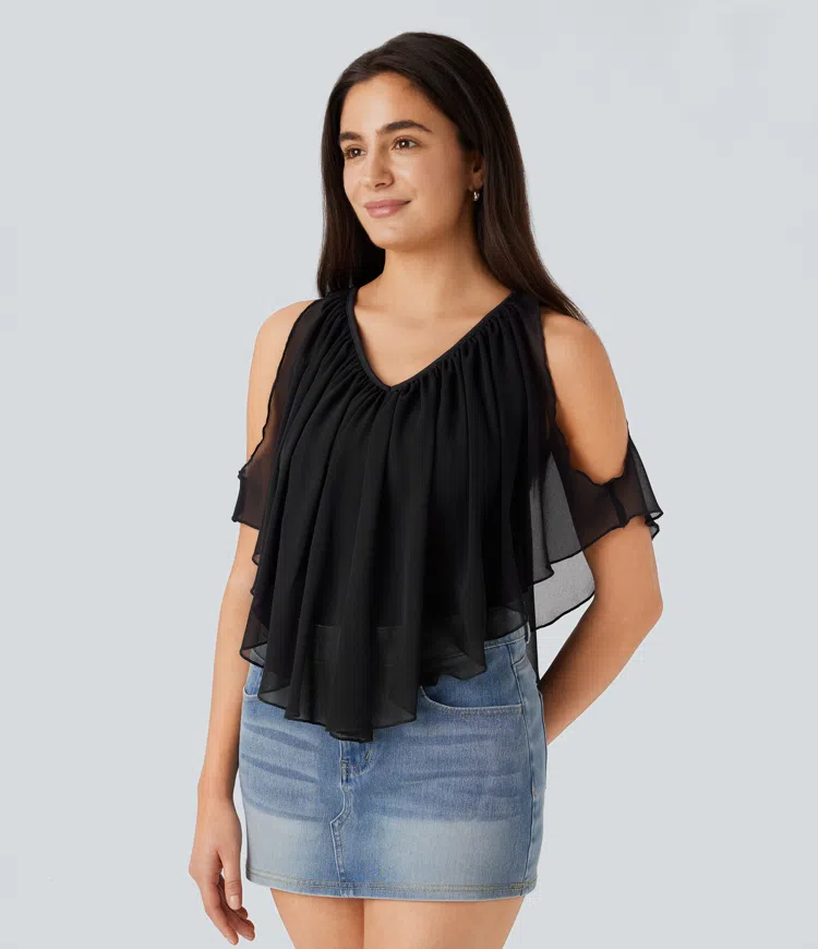 Breezeful™ V Neck Cold Shoulder Contrast Chiffon Flowy Quick Dry Casual Top