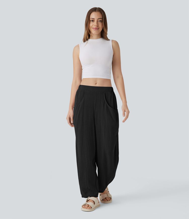 High Waisted Pocket Barrel Leg Casual Linen-Feel Pants
