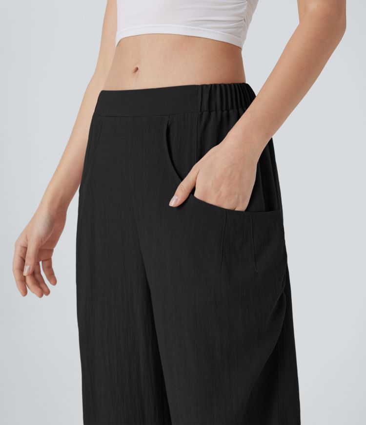 High Waisted Pocket Barrel Leg Casual Linen-Feel Pants