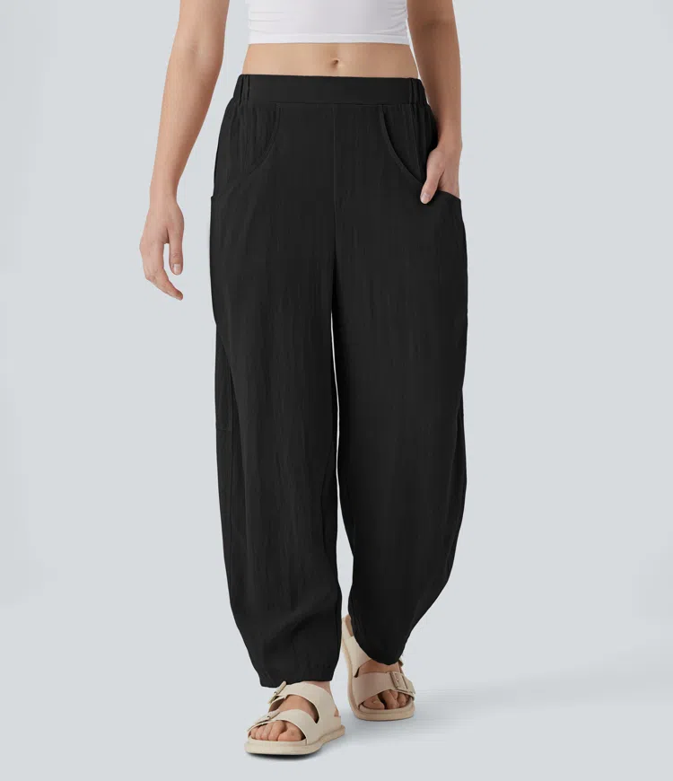 High Waisted Pocket Barrel Leg Casual Linen-Feel Pants