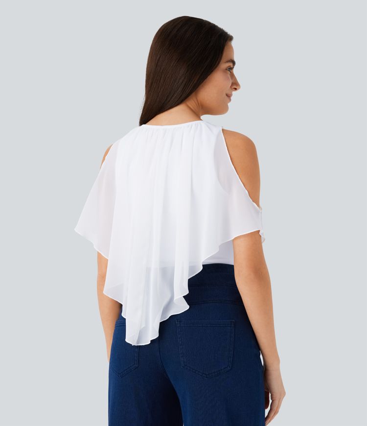 Breezeful™ V Neck Cold Shoulder Contrast Chiffon Flowy Quick Dry Casual Top