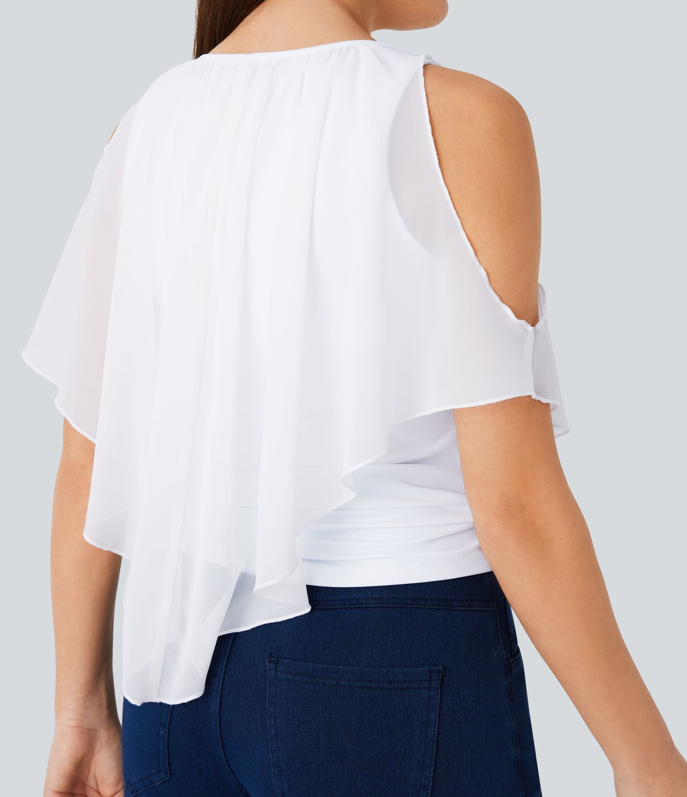 Breezeful™ V Neck Cold Shoulder Contrast Chiffon Flowy Quick Dry Casual Top