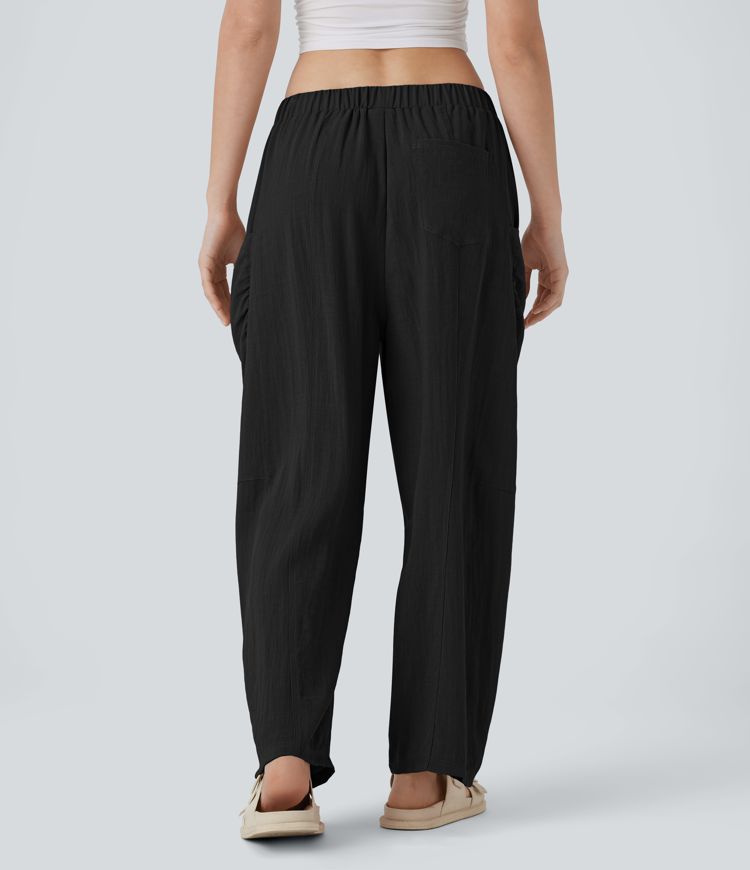 High Waisted Pocket Barrel Leg Casual Linen-Feel Pants