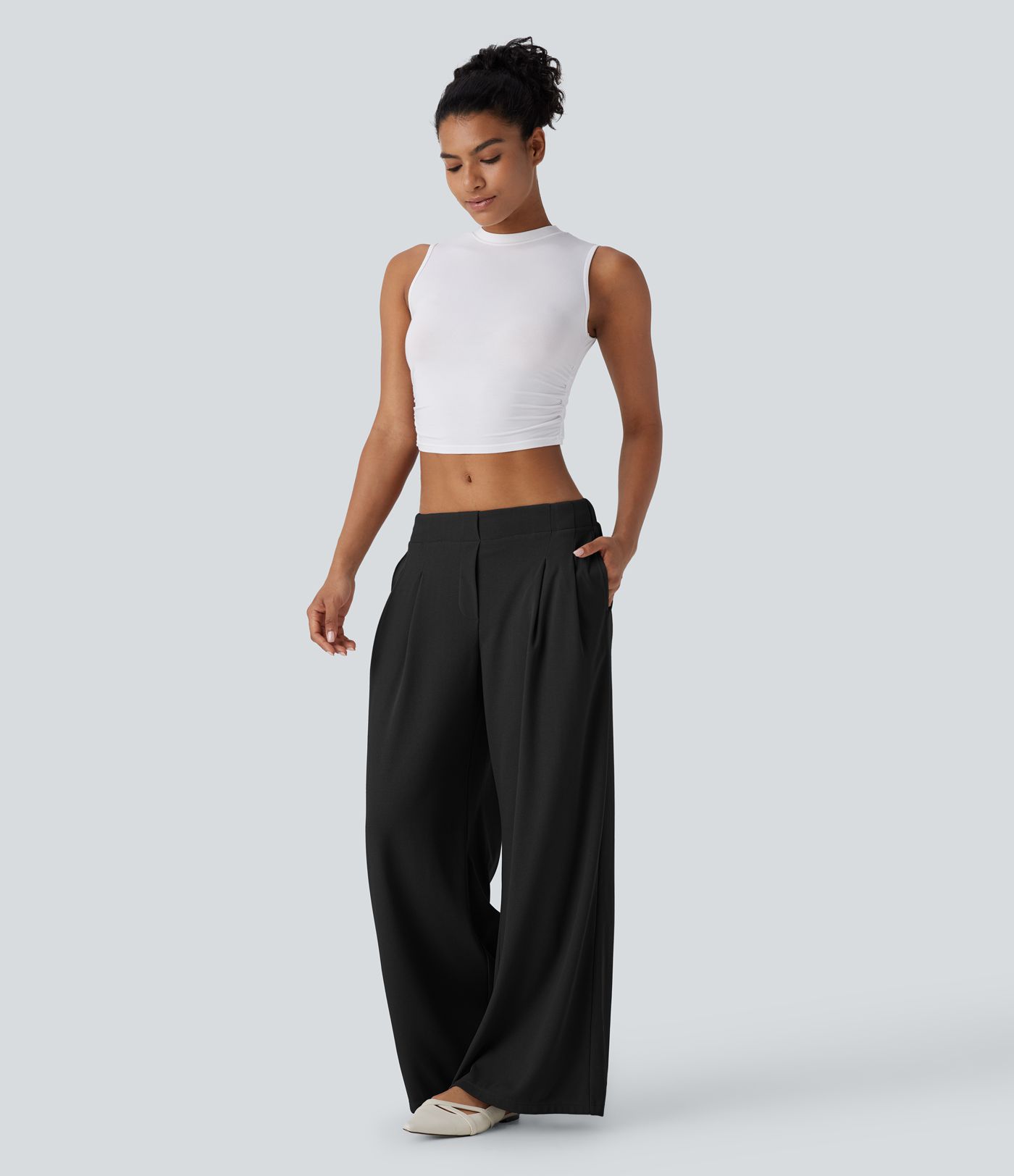 Low Rise Pocket Wide Leg Waffle Casual Pants