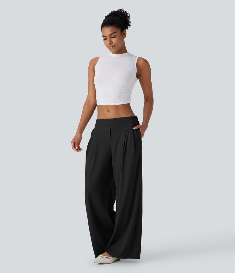 Low Rise Pocket Wide Leg Waffle Casual Pants