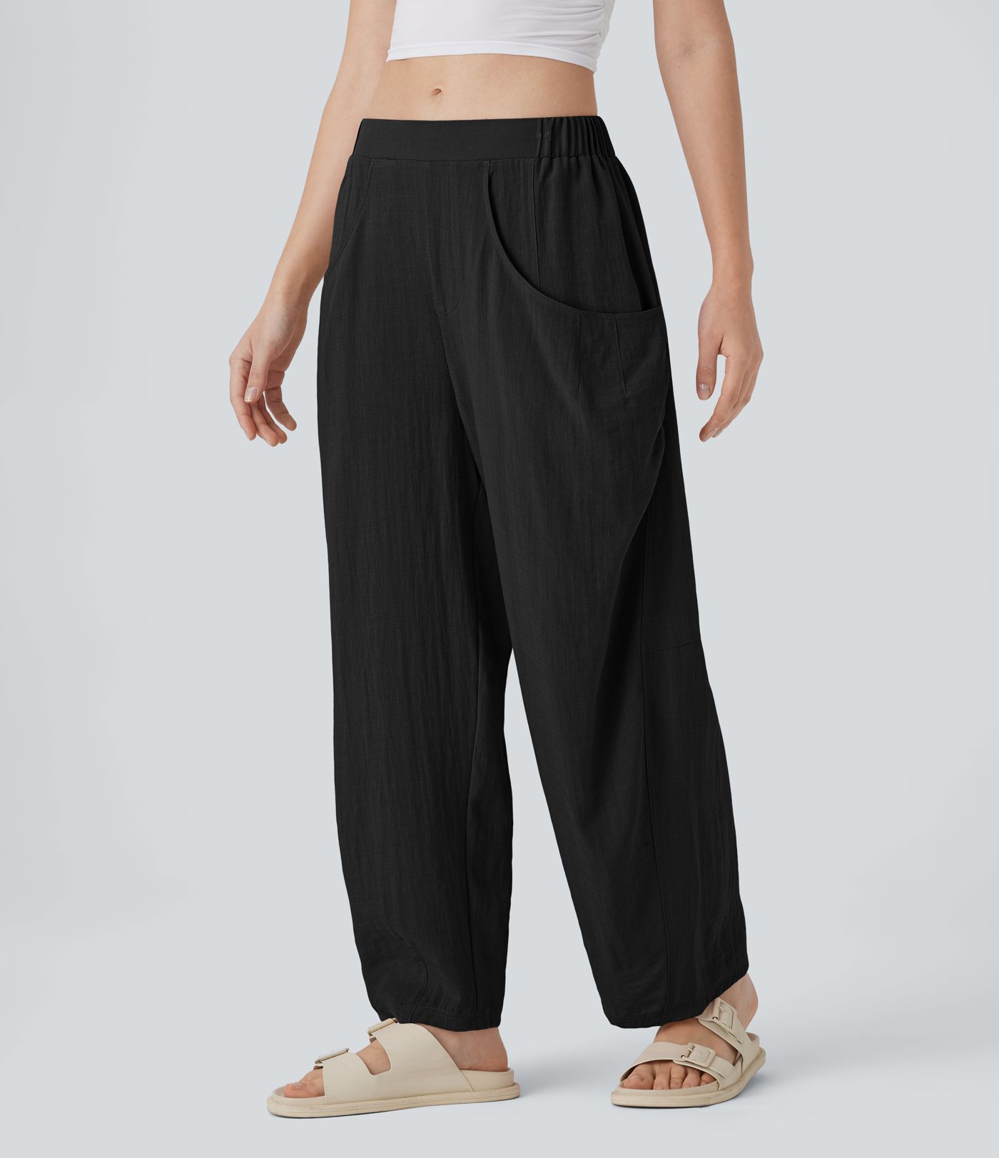 High Waisted Pocket Barrel Leg Casual Linen-Feel Pants