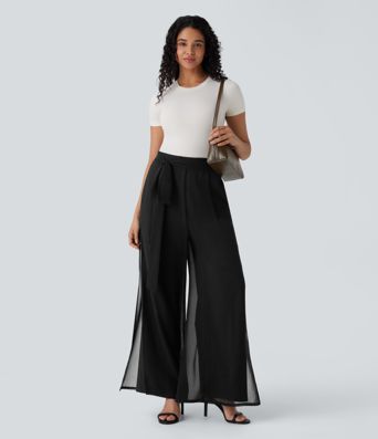 Breezeful™ - Fließende Stoffhose mit hohem Bund, Seitentaschen, unsichtbarem Reißverschluss und geradem Bein - schnelltrocknend