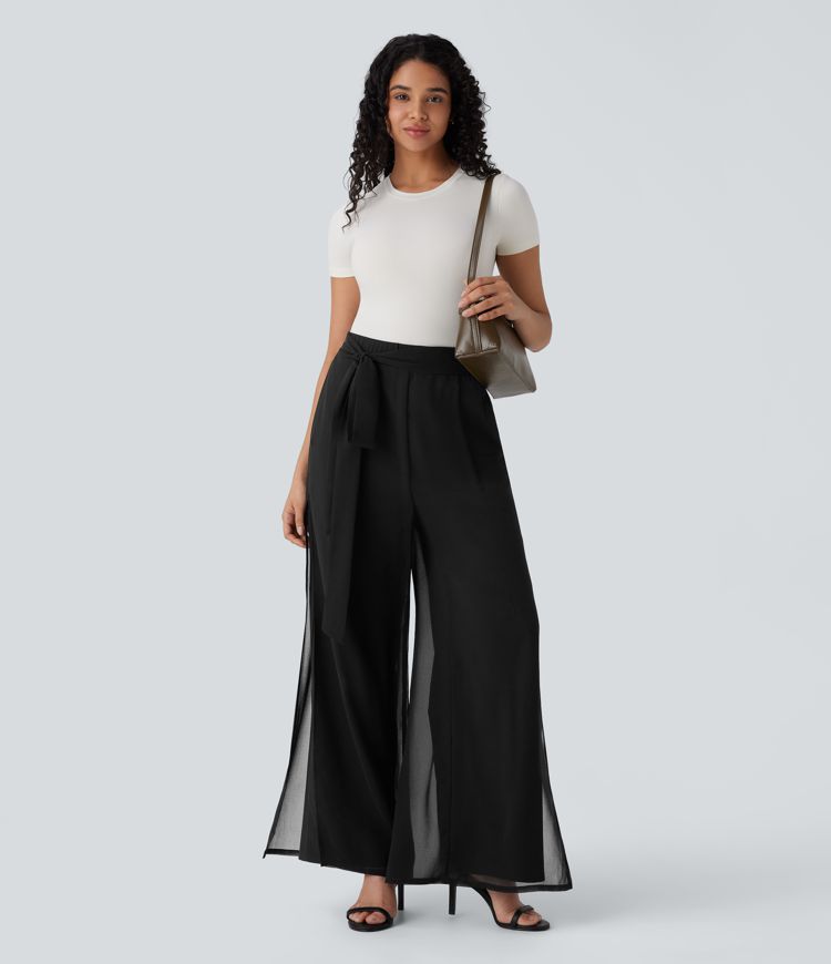 Breezeful™ - Fließende Stoffhose mit hohem Bund, Seitentaschen, unsichtbarem Reißverschluss und geradem Bein - schnelltrocknend