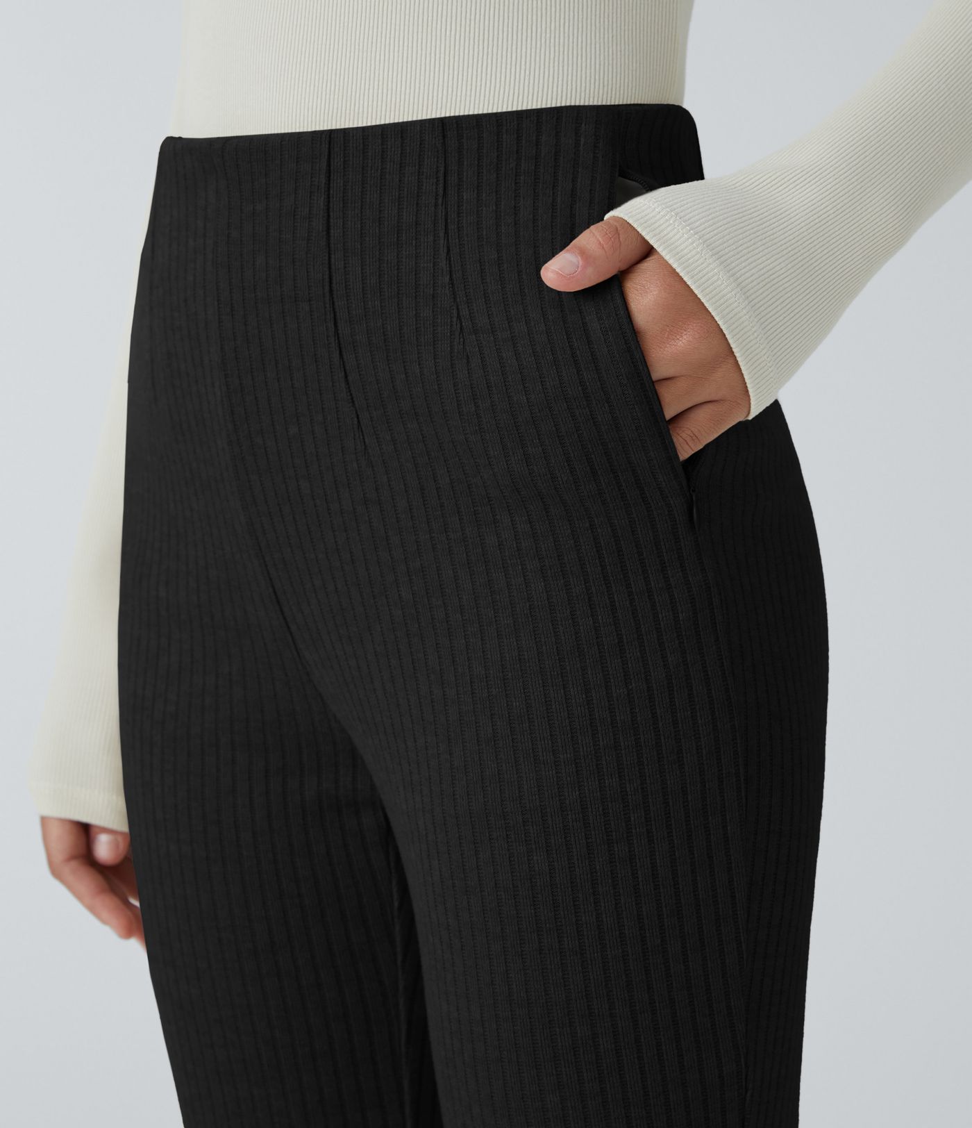 Ribbed Knit High Waisted Side Zipper Pockets Casual Flare Pants