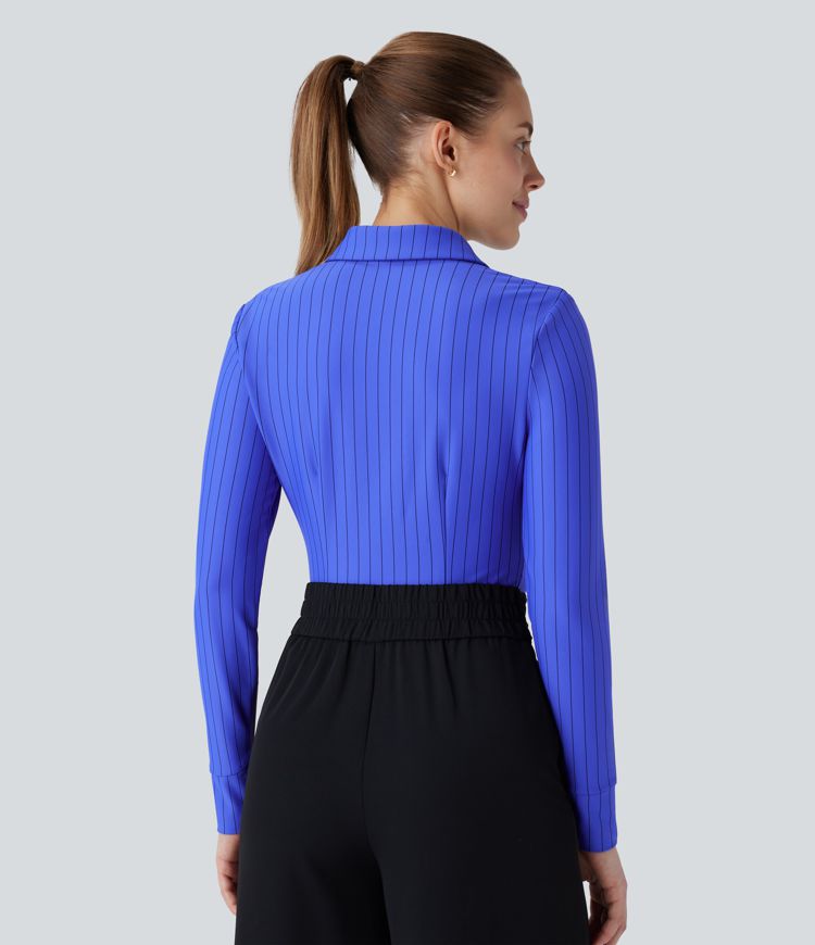 Blusa de manga larga fruncida con dobladillo curvado y rayas, fresca y cómoda para el trabajo.