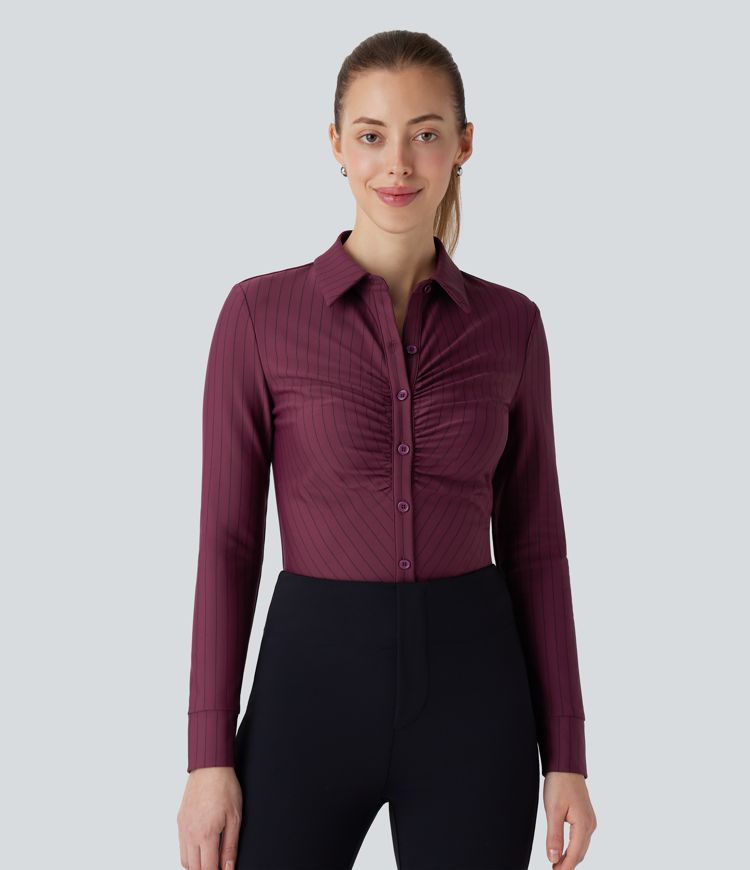 Gerafftes Arbeitshemd mit Kragen, Knöpfen, langen Ärmeln, abgerundetem Saum, Streifen und Cool-Touch 