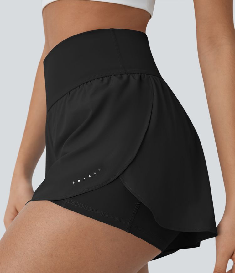 SoftlyZero™ QuickDry High Waisted Tummy Control Reflective Dots Crossover Hem 2-in-1 Running Shorts 3'' with Pockets