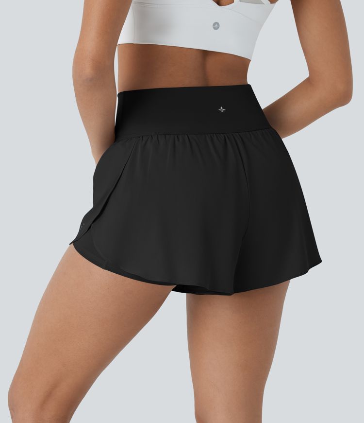 Softlyzero™ QuickDry High Waisted Reflective Dots Crossover Hem 2-in-1 Side Pockets Running Shorts