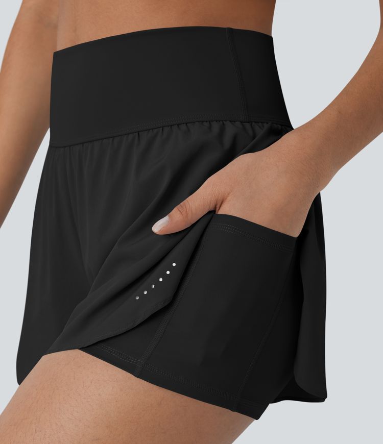 SoftlyZero™ QuickDry High Waisted Tummy Control Reflective Dots Crossover Hem 2-in-1 Running Shorts 3'' with Pockets