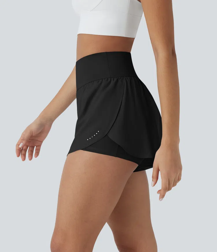 SoftlyZero™ QuickDry High Waisted Reflective Dots Crossover Hem 2-in-1 Pockets Running Shorts