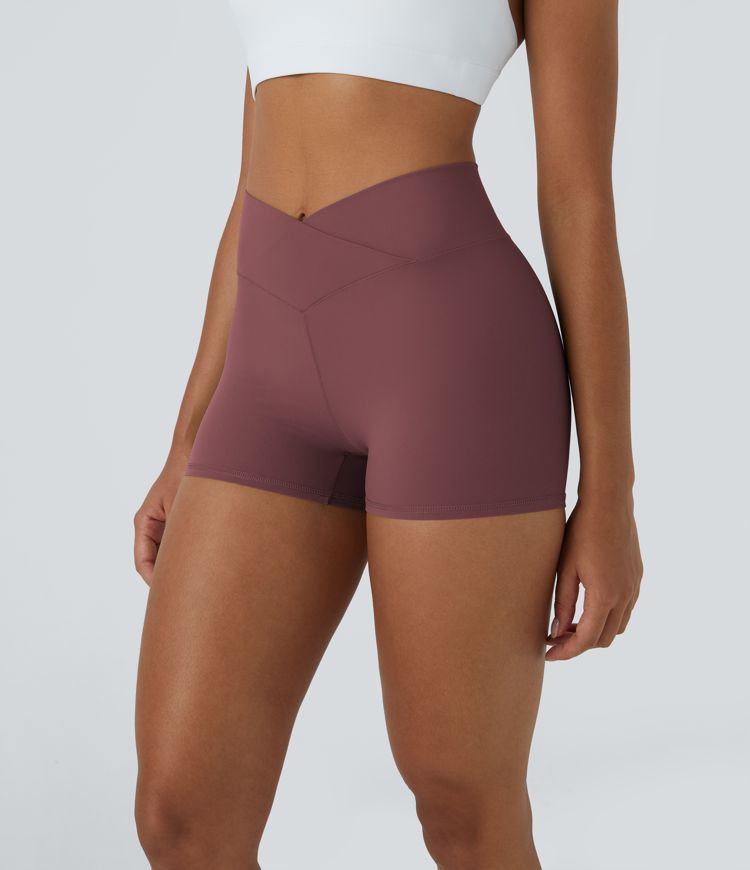 Softlyzero™ High Waisted Crossover Plain Yoga Biker Shorts 3''