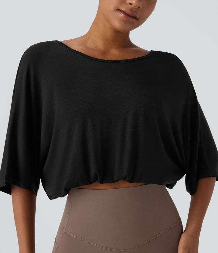 Rückenfreies, kurzes Freizeit-Top mit U-Boot-Ausschnitt und 3/4-Ärmeln