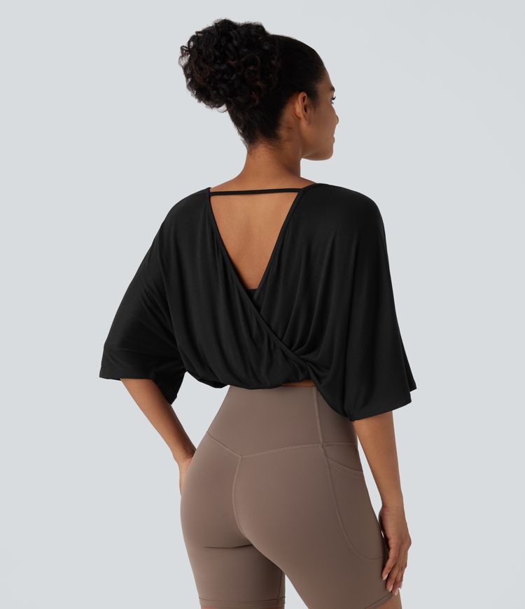 Boat Neck 3/4 Sleeve Cropped Casual Top