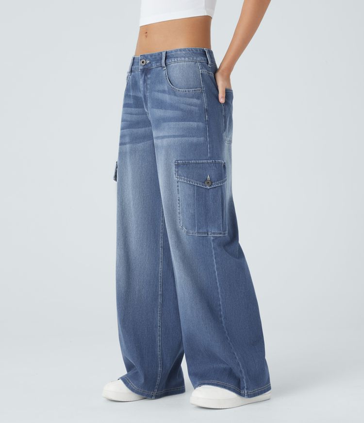 Halara Flex™ Low Waist Multiple Pocket Stretch Knit Casual Wide Cargo Jeans