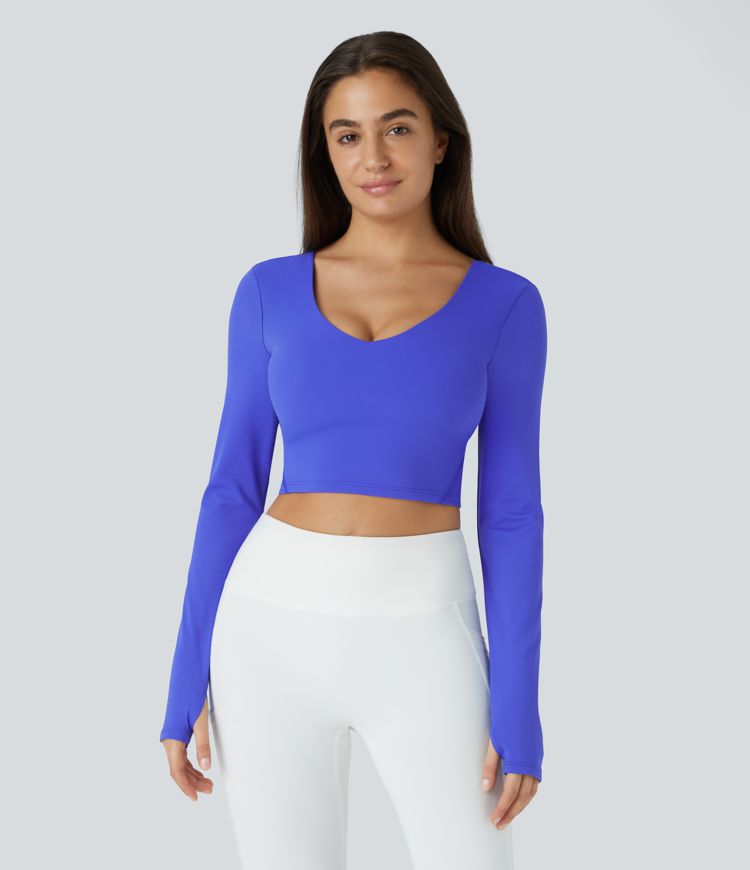 Padded V-neckless thumb hole cropped yoga sports top