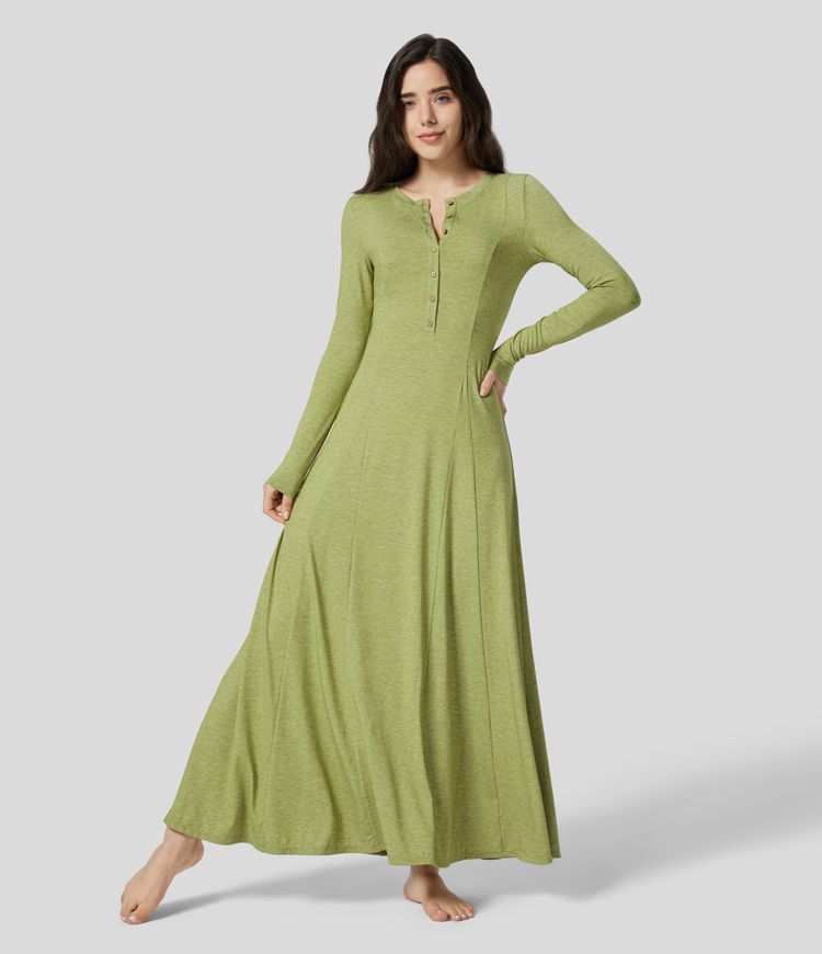 Round Neck Button Long Sleeve Flare Maxi Casual Dress