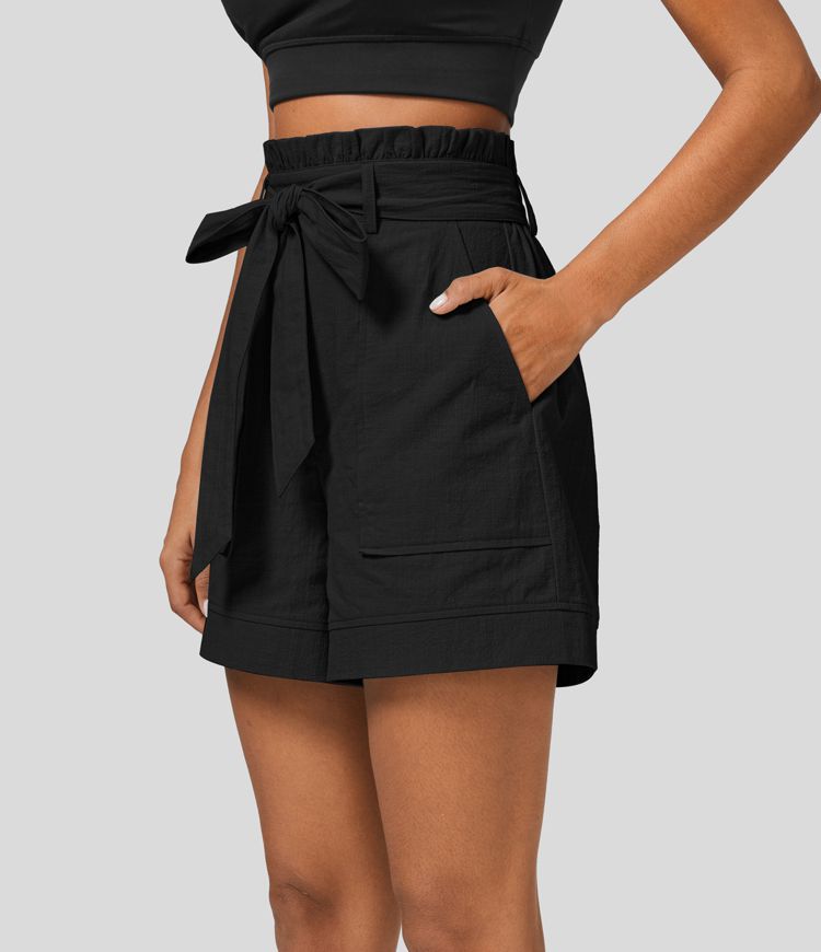 Resort cotton high-waisted shorts with ruffles, belt, and side pockets