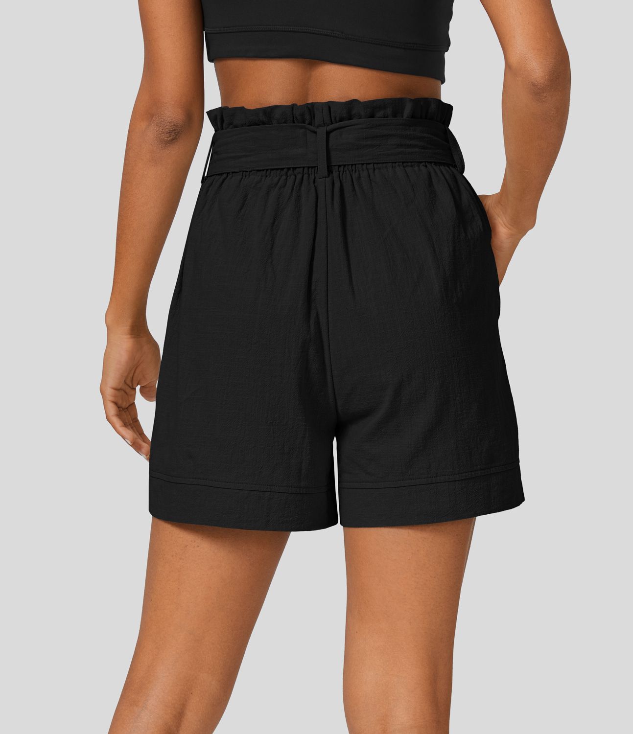 Resort cotton high-waisted shorts with ruffles, belt, and side pockets