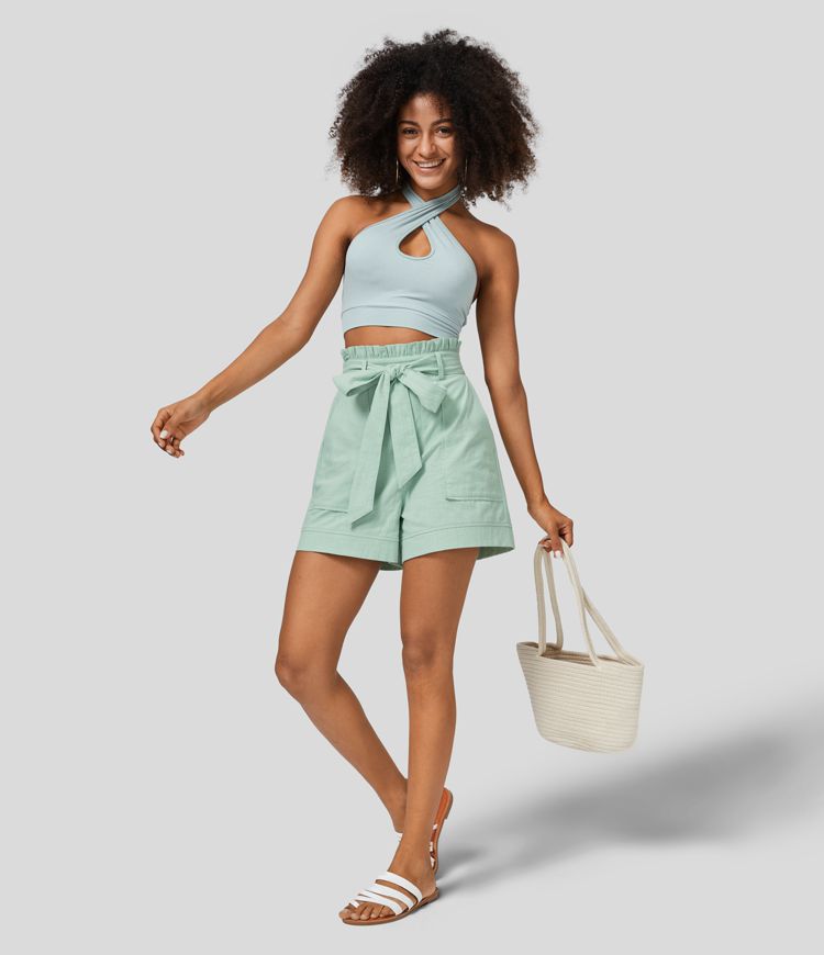 High Waisted Frill Belted Side Pocket Resort Linen-Feel Shorts