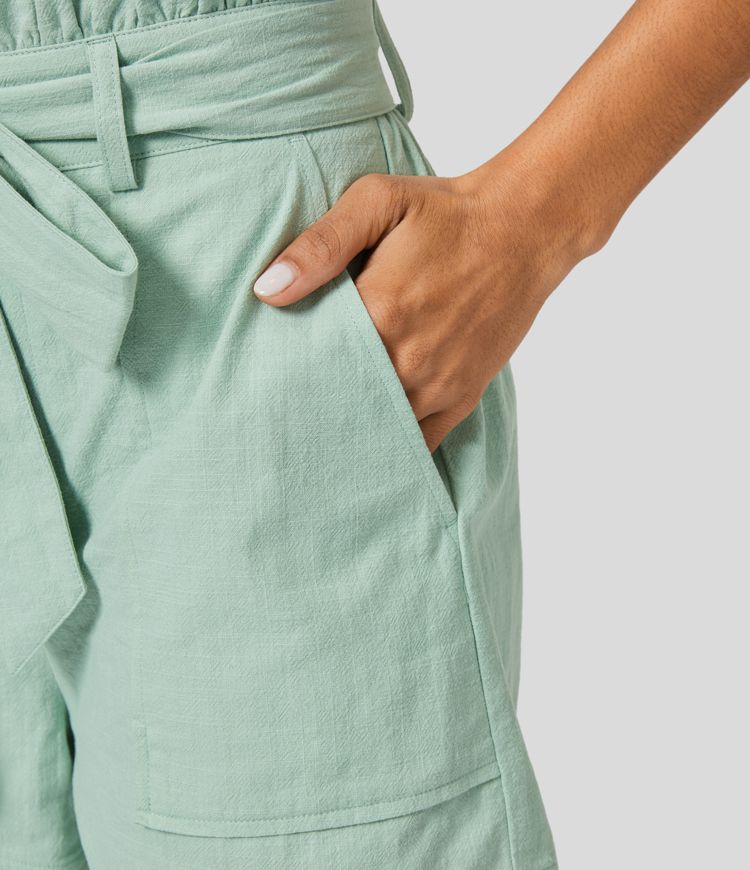 High Waisted Frill Belted Side Pocket Resort Linen-Feel Shorts