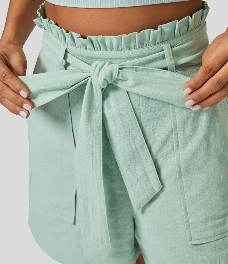 High Waisted Frill Belted Side Pocket Resort Linen-Feel Shorts