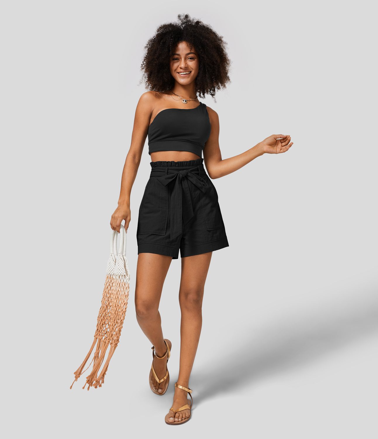 Resort cotton high-waisted shorts with ruffles, belt, and side pockets