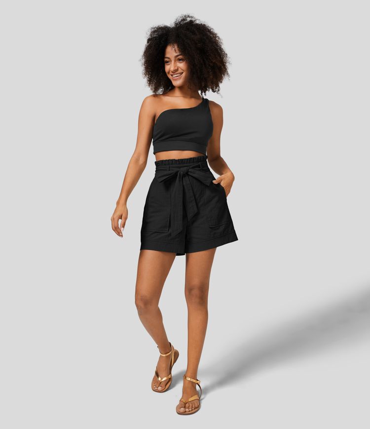 Resort cotton high-waisted shorts with ruffles, belt, and side pockets