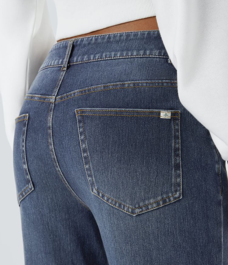 Halara Flex™ Low Rise Button Zipper Multiple Pockets Washed Stretchy Knit Casual Flare Jeans