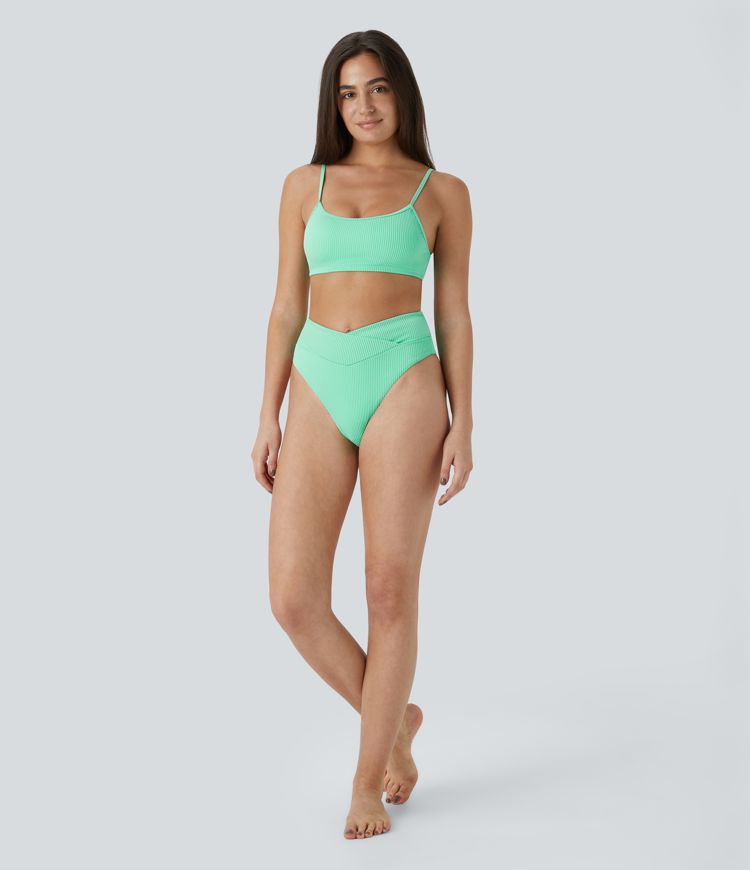 Ribbed Adjustable Strap Backless Bikini Top Swimsuit