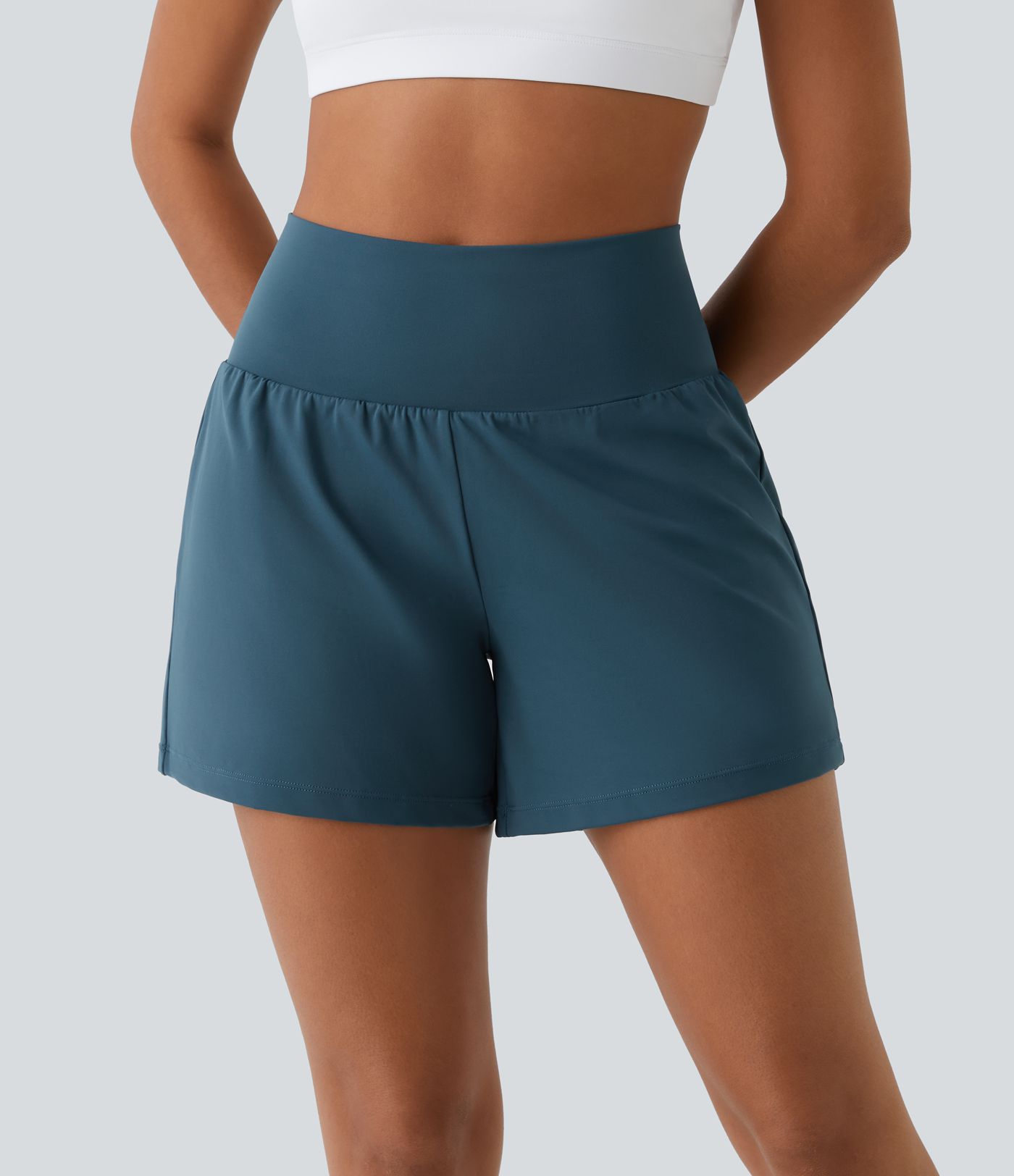 Super hoch taillierte 2-in-1-Yoga-Shorts mit Gesäßtasche und Seitentasche-längere Länge