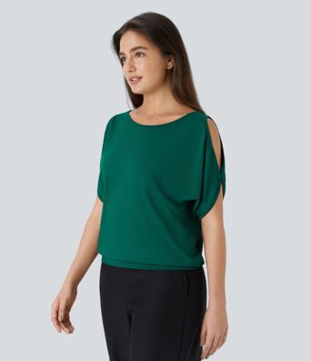 Boat Neck Short Sleeve Cut Out Casual T-Shirt