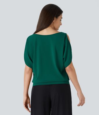 Boat Neck Short Sleeve Cut Out Casual T-Shirt