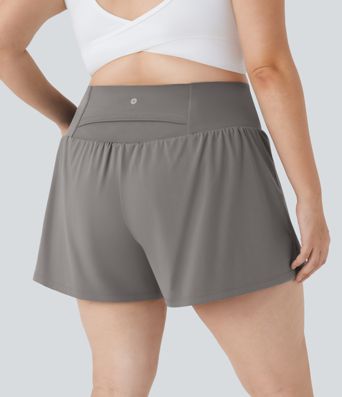 Super High Waisted Back Pocket & Side Hidden Pocket 2-in-1 Yoga Plus Size Shorts 4''-Longer Length