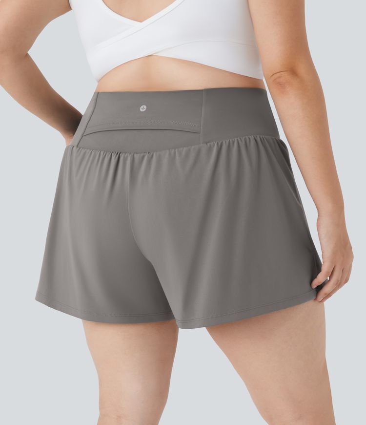 Super High Waisted Back Pocket & Side Hidden Pocket 2-in-1 Yoga Plus Size Shorts 4''-Longer Length