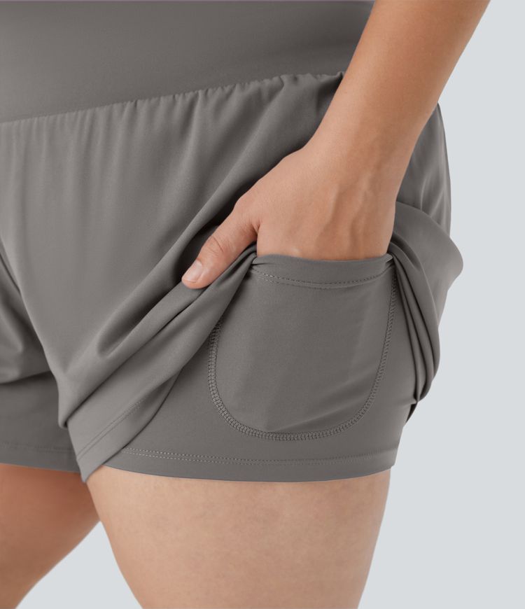 Super High Waisted Back Pocket & Side Hidden Pocket 2-in-1 Yoga Plus Size Shorts 4''-Longer Length