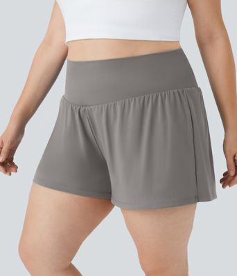 Super High Waisted Back Pocket & Side Hidden Pocket 2-in-1 Yoga Plus Size Shorts 4''-Longer Length