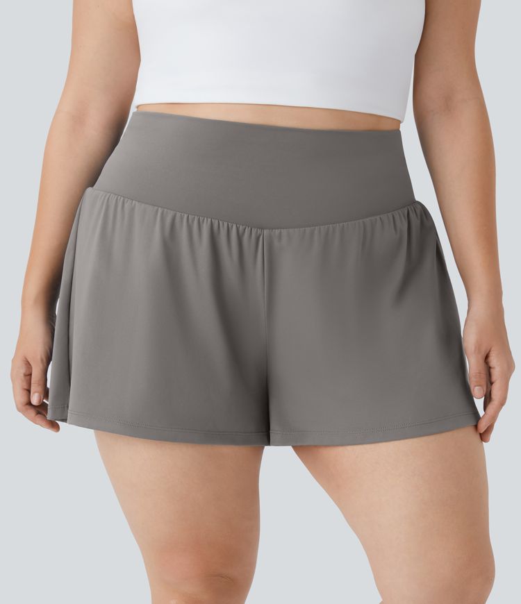 Super High Waisted Back Pocket & Side Hidden Pocket 2-in-1 Yoga Plus Size Shorts 4''-Longer Length