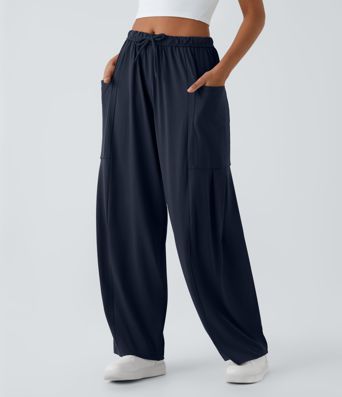 Mid Rise Elastic Waistband Drawstring Pocket Palazzo Flowy Wide Leg Casual Pants
