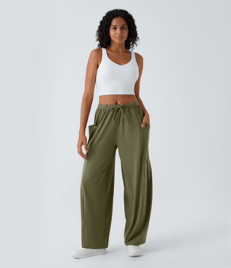  Pantalon Large Fluide Taille Mi-Haute Taille Élastique Cordon Poches Latérales Ourlet Flottant