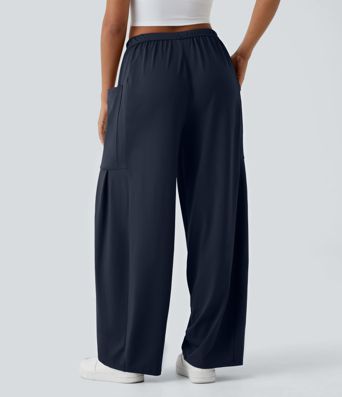 Mid Rise Elastic Waistband Drawstring Pocket Palazzo Flowy Wide Leg Casual Pants