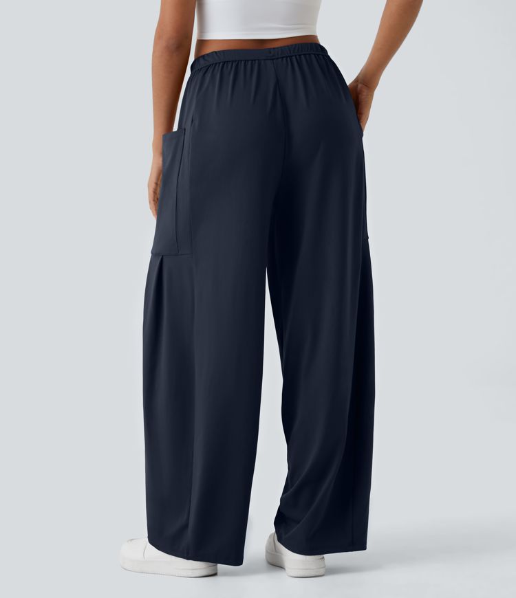 Mid Rise Elastic Waistband Drawstring Side Pocket Palazzo Flowy Wide Leg Casual Pants